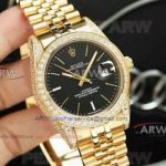 Perfect Replica Rolex Day Date Black Dial All Gold Diamond Case Jubilee Couple Watch